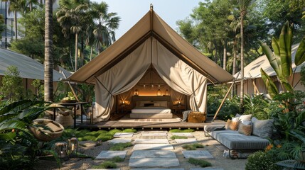 A tastefully decorated tented villa with outdoor living spaces in a lush tropical environment