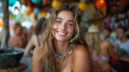 Fototapeta premium A carefree young woman with a beaming smile enjoying time at a vibrant, bohemian-styled tropical café scene