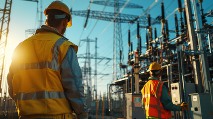 Two engineers wearing safety gear inspect a high-voltage electrical substation at sunrise, ensuring operational efficiency and safety.