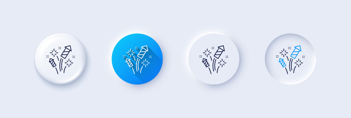 Fototapeta premium Fireworks rocket line icon. Neumorphic, Blue gradient, 3d pin buttons. Pyrotechnic salute sign. Carnival celebration lights symbol. Line icons. Neumorphic buttons with outline signs. Vector