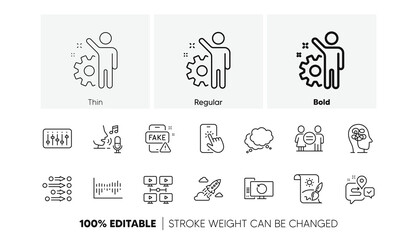 Startup rocket, Equality and Dj controller line icons. Pack of Creative painting, Video conference, Employee icon. Fake news, Journey, Order pictogram. Stress, Microphone, Speech bubble. Vector