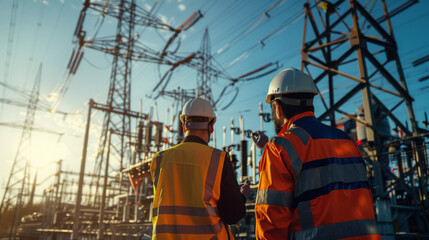 Two engineers in safety vests and helmets collaborate at a power substation, discussing maintenance and operational protocols under a clear sky.
