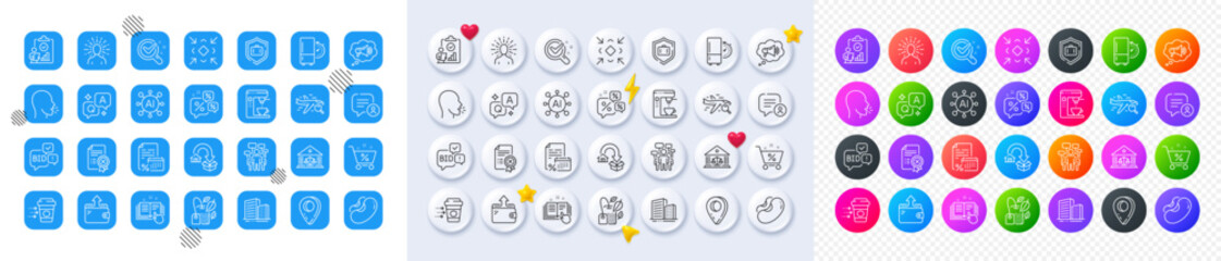 Search flight, Moving service and Chemistry lab line icons. Square, Gradient, Pin 3d buttons. AI, QA and map pin icons. Pack of Beans, Megaphone, Mint bag icon. Vector