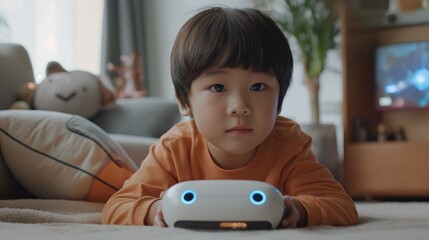 Obraz premium Young boy lying on the floor with a small white robot toy, engaged and curious, in a cozy and modern living room.
