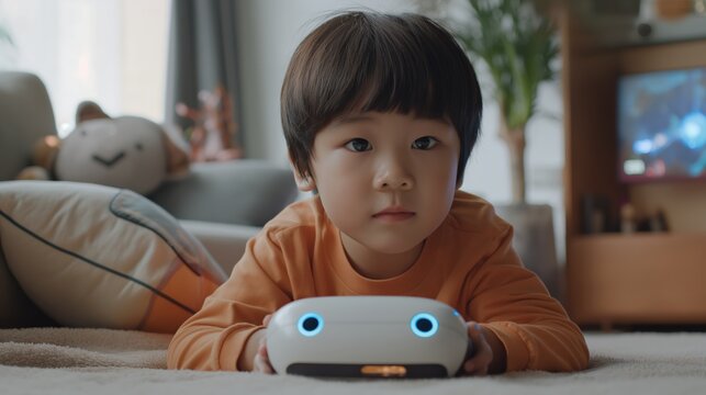 Young boy lying on the floor with a small white robot toy, engaged and curious, in a cozy and modern living room.