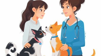 A veterinarian talks to a pet owner holding her two dogs, a collaborative care scene
