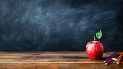 education and back to school concept. pencils stand as bus over wooden desk infront of classroom blackboard. AI generated illustration