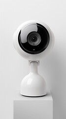 Modern white security camera with a sleek design mounted on a stand, in a minimalistic setting, symbolizing advanced surveillance technology.