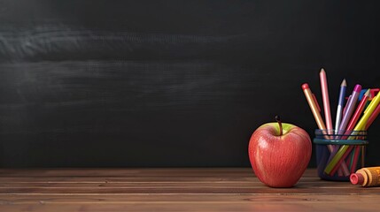 education and back to school concept. pencils stand as bus over wooden desk infront of classroom blackboard. AI generated illustration