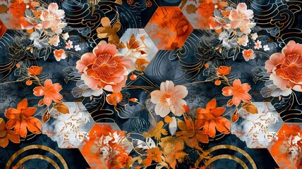 Modern Geometric Kimono Pattern with Asian Floral Motifs 