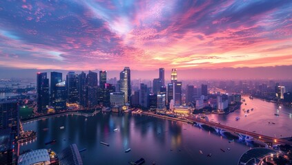 Obraz premium Capture a bustling cityscape at dawn, emphasizing the awakening of businesses.
