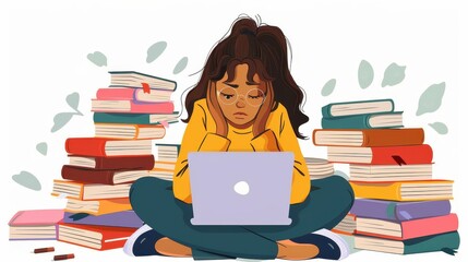 An animated girl deeply focused on her laptop amidst a colorful pile of books, representing education and concentration