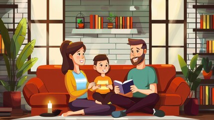 An illustration showing a family of three sitting on a sofa, reading a book together in a cozy home setting