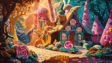 Paint a whimsical cottage made of candy in a magical land