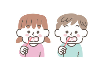 歯磨きをしている男の子と女の子のセット
