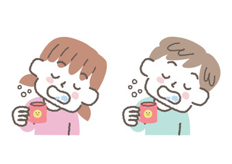 うがいをしている男の子と女の子のセット