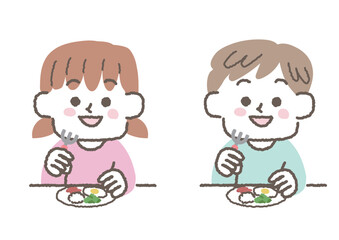 食事をしている男の子と女の子のイラストセット