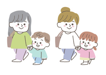 お母さんと歩いている子供のイラストセット