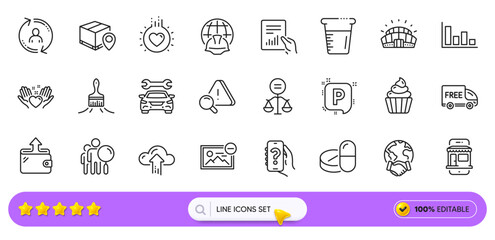 Document, Love and Parking line icons for web app. Pack of Medical drugs, Search people, Hold heart pictogram icons. Brush, Remove image, Cooking beaker signs. Cupcake, Histogram, Marketplace. Vector