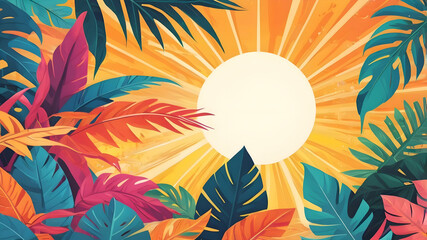 A tropical paradise featuring an array of tropical plants and flowers, with a warm sun glowing in the background, Vector 