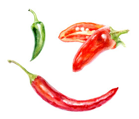 Watercolor Chili Peppers Red and Green Artistic Illustration with Vibrant Colors and Detailing
