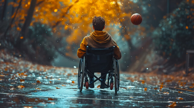 Handicapped kid playing with basketball