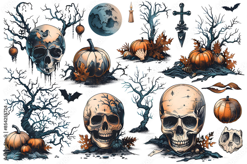 Wall mural halloween themed skull and pumpkin decorations