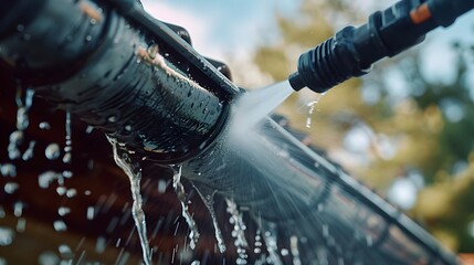 The process of cleaning spring rain gutters with a pressure washer, captured in a close-up