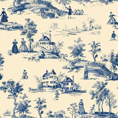 Toile de jouy, french countryside scenes print design seamless pattern