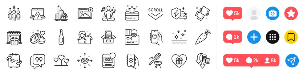 Fish grill, Yoga music and Loyalty card line icons pack. Social media icons. Skyscraper buildings, Dating app, Winner cup web icon. Scroll down, Marriage rings, Add photo pictogram. Vector