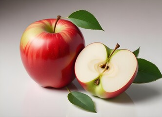 Red Apple with Green Leaf and Half-Cut Apple Slice Revealing Its White Flesh - Fresh and Juicy Fruit Display