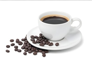 White Ceramic Cup Filled with Freshly Brewed Black Coffee Surrounded by Scattered Coffee Beans on a White Background - Aromatic and Inviting Coffee Presentation