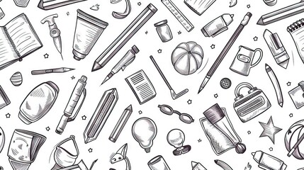 School supplies seamless pattern. Education accessories pencil and pen notebook black line doodle cartoon isolated on white background creative design textile. AI generated illustration