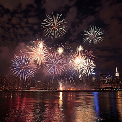 Obraz premium Fireworks Display Over City Skyline at Night. Generated by AI.