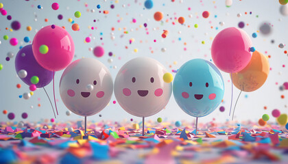 Smiling Balloons with Confetti. Generated by AI.