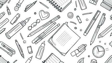 Obraz premium School supplies seamless pattern. Education accessories pencil and pen notebook black line doodle cartoon isolated on white background creative design textile. AI generated illustration