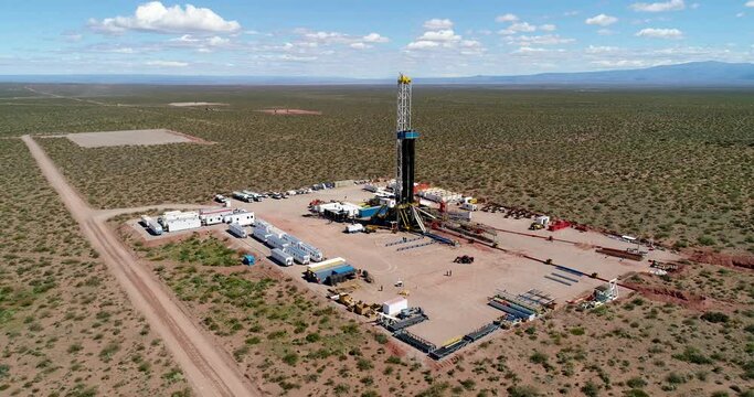 A&ntilde;elo, Argentina, October 30, 2024: Aerial view of unconventional oil well drilling in A&ntilde;elo, Neuquen.