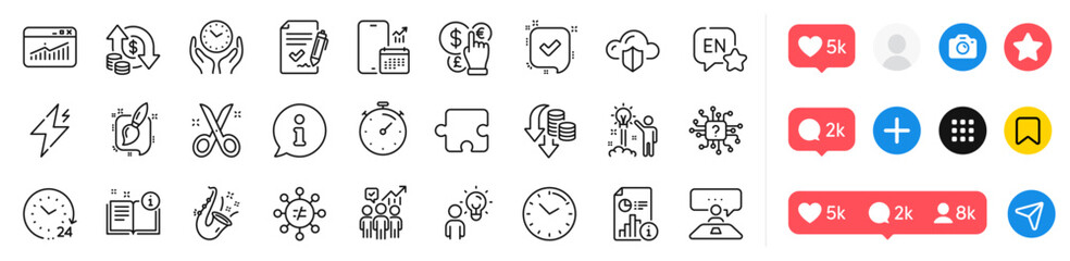 Time, Safe time and Website statistics line icons pack. Social media icons. Power, Interview job, Artificial intelligence web icon. Info, Confirmed, Manual pictogram. Vector