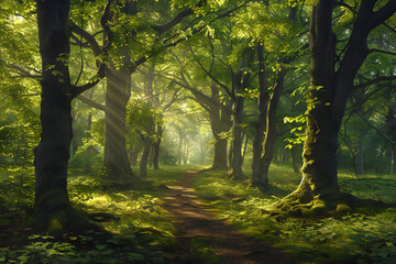 Naklejka premium Early Morning Serenity in a Lush Forest with Sunlight Filtering Through the Tall Trees and a Meandering Path