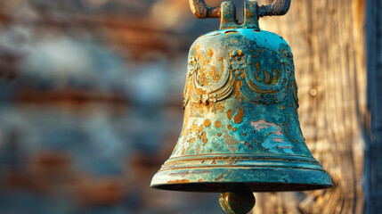 Obraz premium Detailed view of an old, weathered bell with ornate patterns, showcasing rustic charm and historical significance.