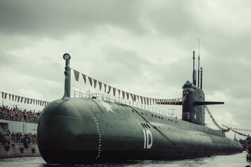 Large military submarine docked at port, world war concept