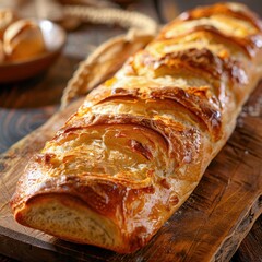 Crispy Golden Baguette on Wooden Board - Close-up of Freshly Baked French Bread, Artisan Bakery, Gastronomy Concept