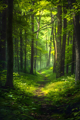 Early Morning Serenity in a Lush Forest with Sunlight Filtering Through the Tall Trees and a Meandering Path