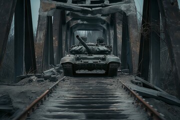 Tank crossing a damaged bridge during wartime, World War concept