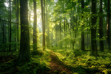 Early Morning Serenity in a Lush Forest with Sunlight Filtering Through the Tall Trees and a Meandering Path