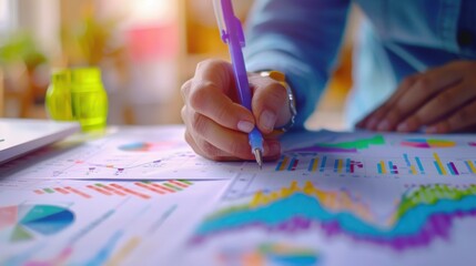 Naklejka premium Financial Planning and Analysis Concept with Hand Writing in Colorful Graphs and Charts Surrounding