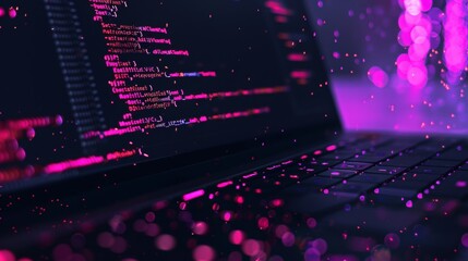 Technology of Software development, web design, programming concept. Program code on screen laptop, phone, code of program, data, interface elements on screen laptop. Software development Tech Banner