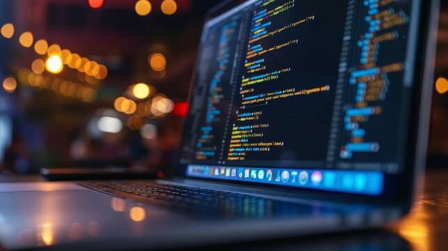 Technology of Software development, web design, programming concept. Program code on screen laptop, phone, code of program, data, interface elements on screen laptop. Software development Tech Banner