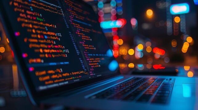 Technology of Software development, web design, programming concept. Program code on screen laptop, phone, code of program, data, interface elements on screen laptop. Software development Tech Banner