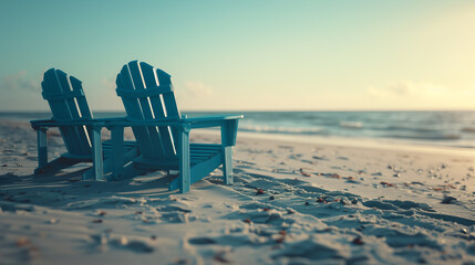 Two Blue Adirondack Chairs on Sandy Beach at Sunset